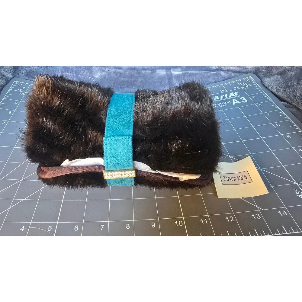 Stephanie Johnson Faux Fur Jewelry Roll Organizer Brown Blue Rhinestone NWT